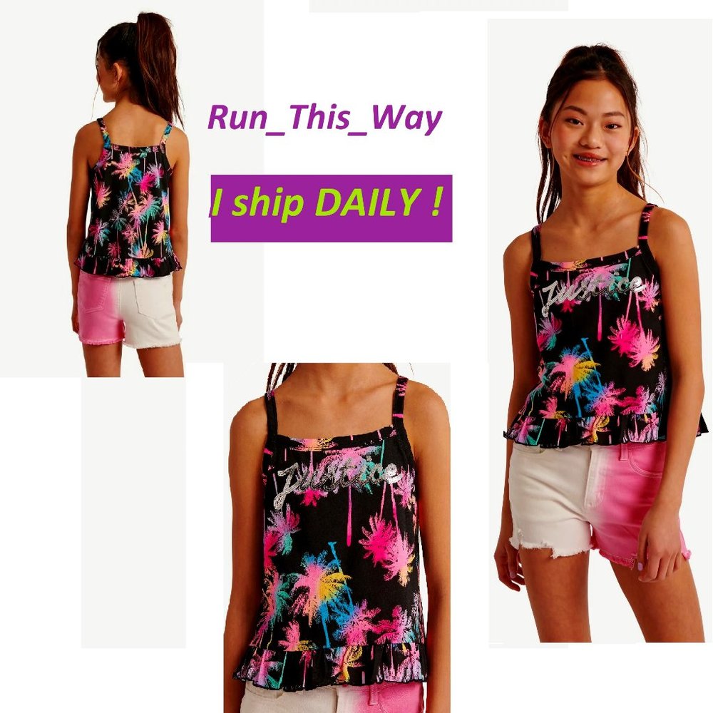 Justice Peplum Cami Tank Size M = 10 black w/ PALM Trees Great to Layer in Fall